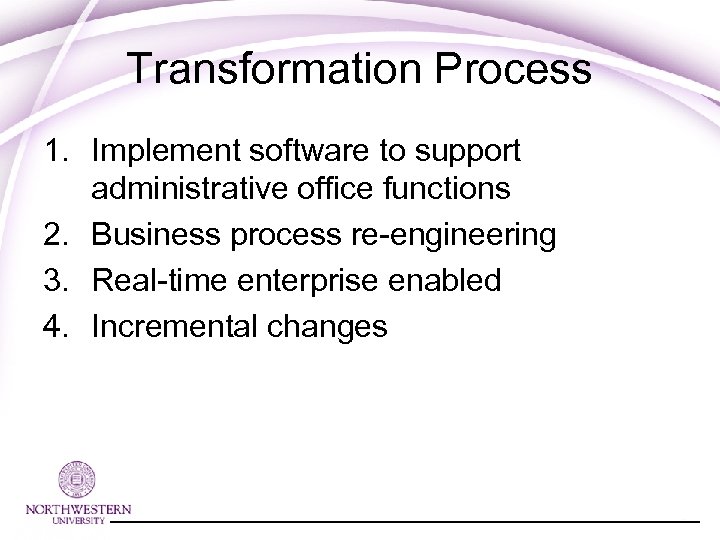 Transformation Process 1. Implement software to support administrative office functions 2. Business process re-engineering