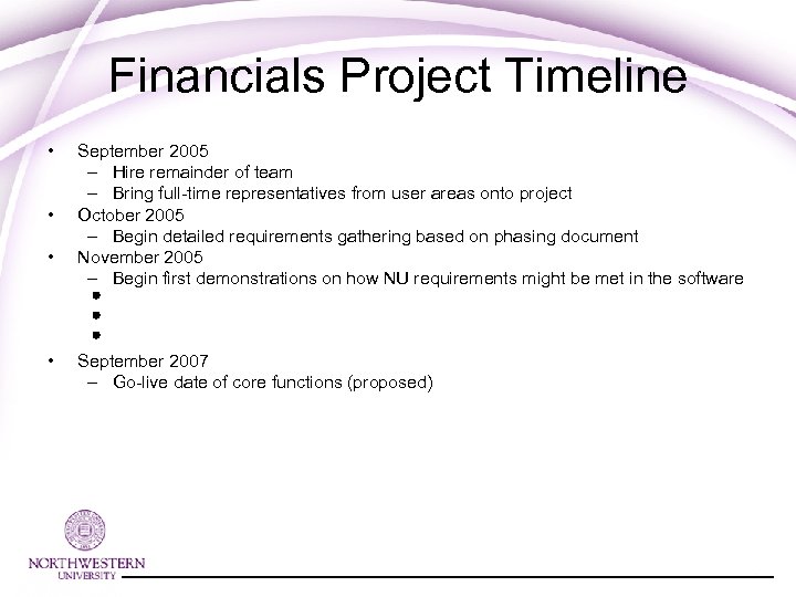 Financials Project Timeline • • September 2005 – Hire remainder of team – Bring