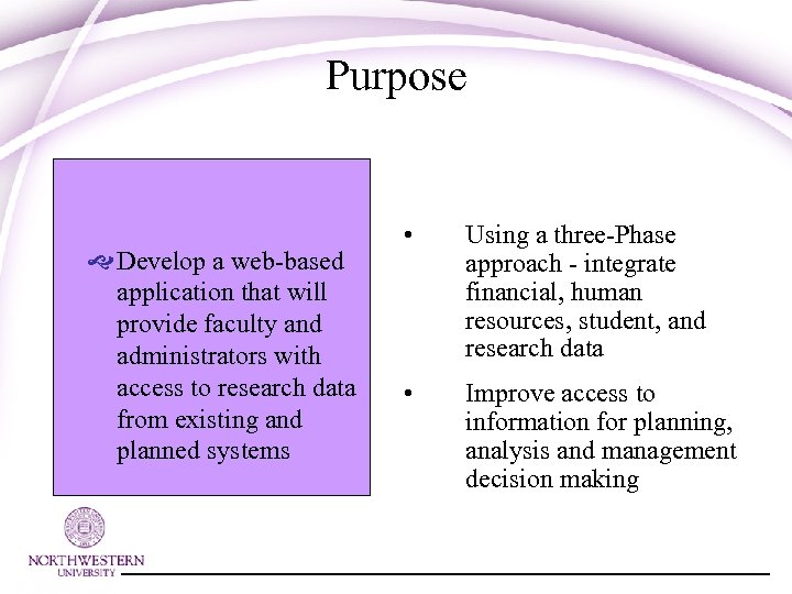 Purpose Develop a web-based application that will provide faculty and administrators with access to
