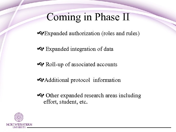 Coming in Phase II Expanded authorization (roles and rules) Expanded integration of data Roll-up