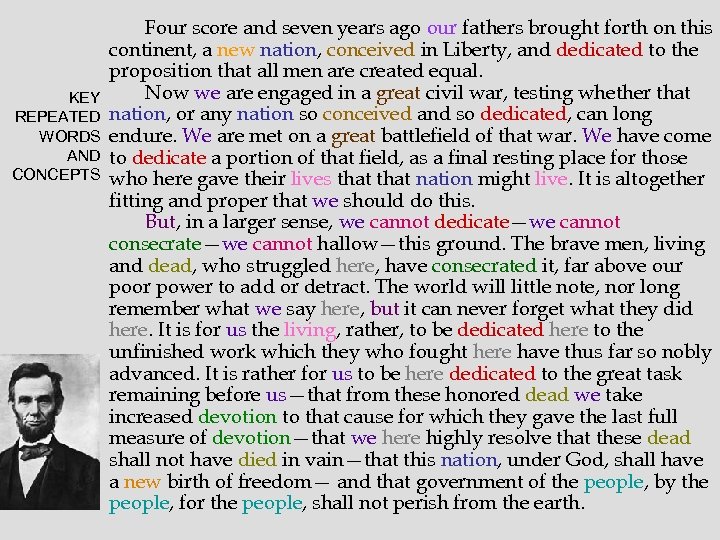 KEY REPEATED WORDS AND CONCEPTS Four score and seven years ago our fathers brought