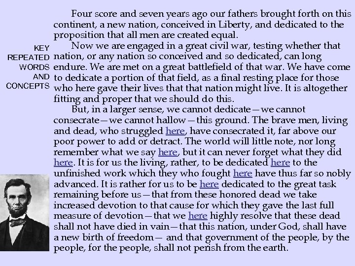 KEY REPEATED WORDS AND CONCEPTS Four score and seven years ago our fathers brought