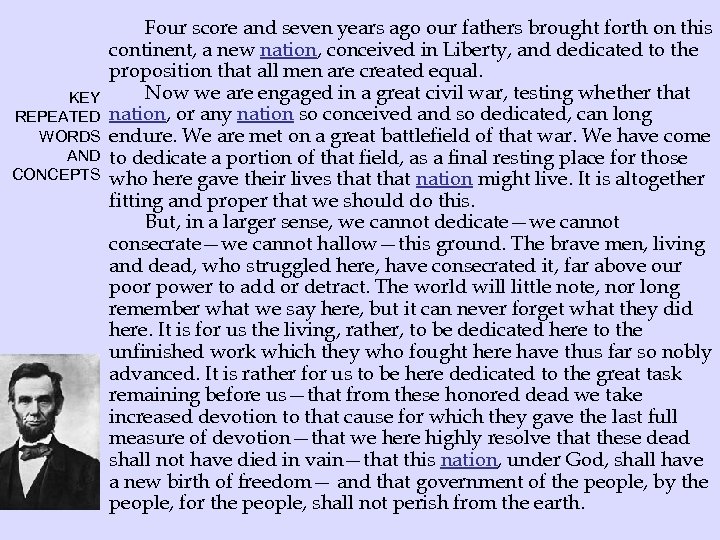 KEY REPEATED WORDS AND CONCEPTS Four score and seven years ago our fathers brought