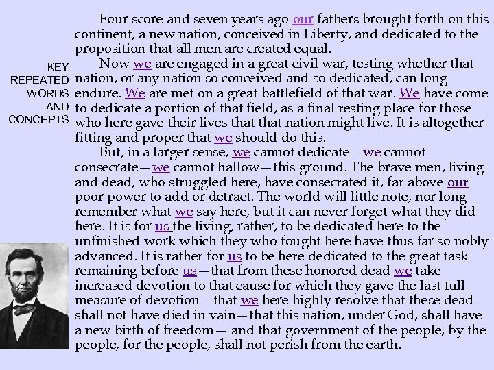 KEY REPEATED WORDS AND CONCEPTS Four score and seven years ago our fathers brought