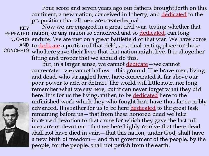 KEY REPEATED WORDS AND CONCEPTS Four score and seven years ago our fathers brought