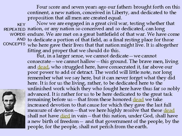 KEY REPEATED WORDS AND CONCEPTS Four score and seven years ago our fathers brought