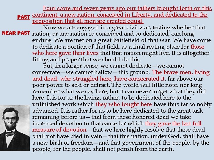 Four score and seven years ago our fathers brought forth on this PAST continent,