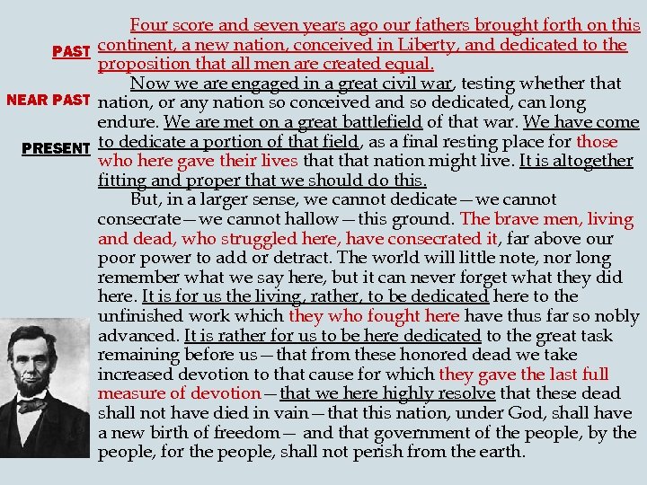 Four score and seven years ago our fathers brought forth on this PAST continent,