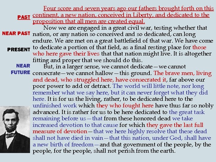 PAST NEAR PAST PRESENT NEAR FUTURE Four score and seven years ago our fathers