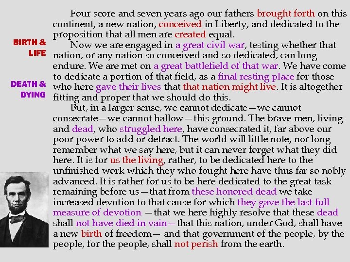 BIRTH & LIFE DEATH & DYING Four score and seven years ago our fathers