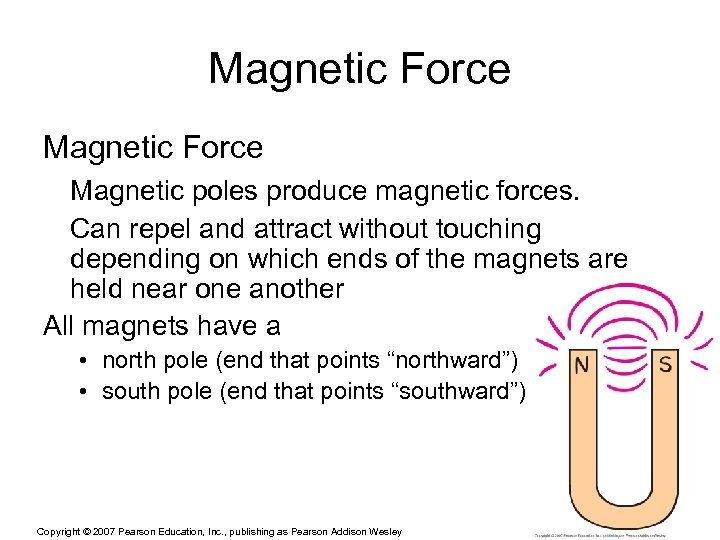 Magnetic Force Magnetic poles produce magnetic forces. Can repel and attract without touching depending