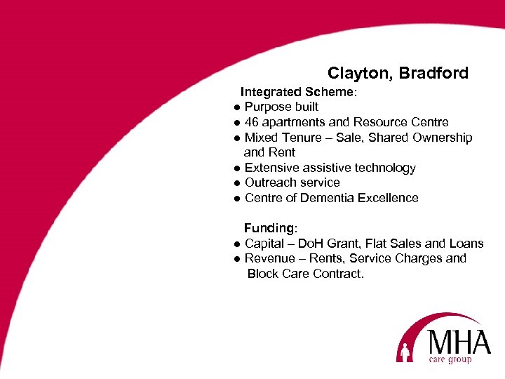 Clayton, Bradford Integrated Scheme: ● Purpose built ● 46 apartments and Resource Centre ●