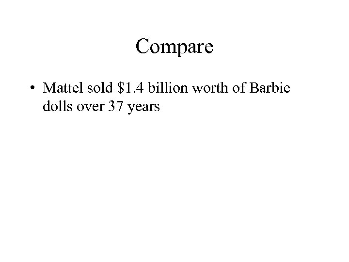 Compare • Mattel sold $1. 4 billion worth of Barbie dolls over 37 years