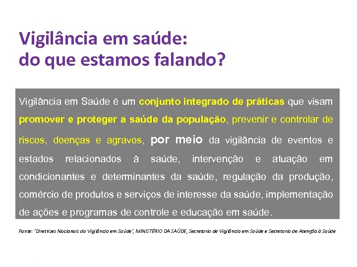 Vigilância em saúde: do que estamos falando? Vigilância em Saúde é um conjunto integrado