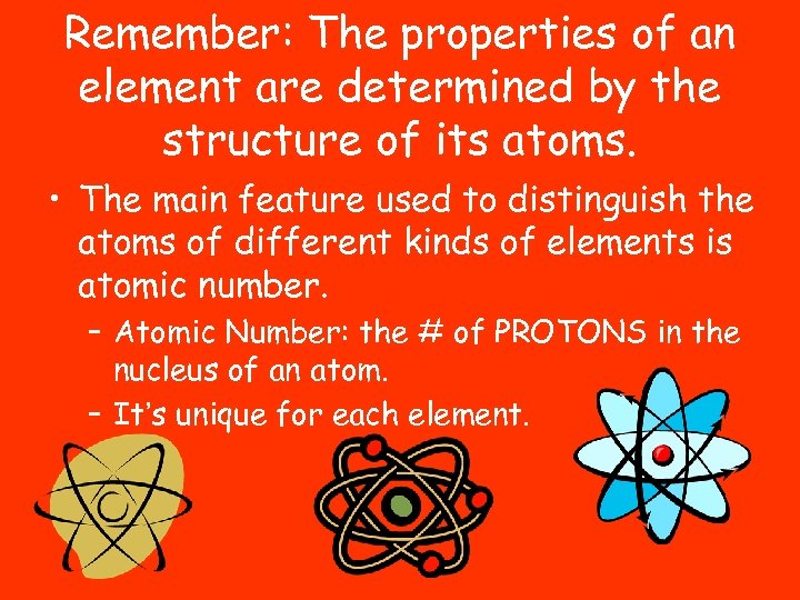 Remember: The properties of an element are determined by the structure of its atoms.