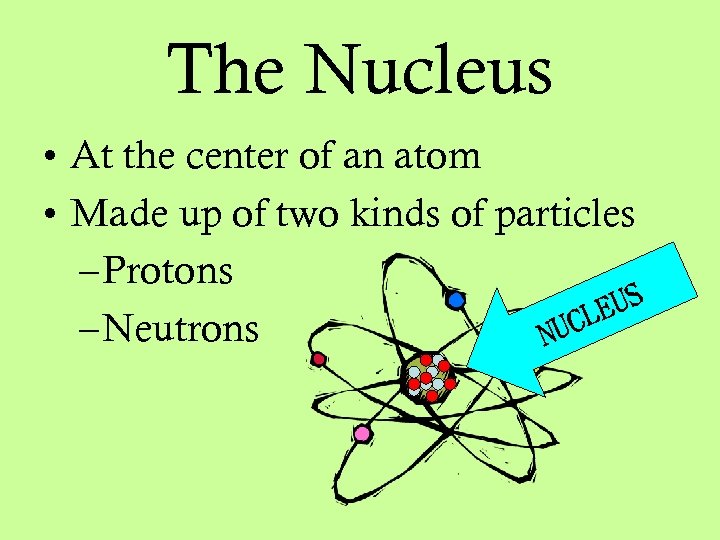 The Nucleus • At the center of an atom • Made up of two