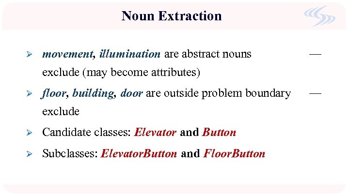 Noun Extraction Ø movement, illumination are abstract nouns exclude (may become attributes) — Ø