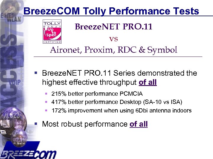 Breeze. COM Tolly Performance Tests Breeze. NET PRO. 11 vs Aironet, Proxim, RDC &