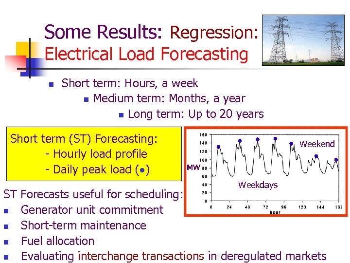 Some Results: Regression: Electrical Load Forecasting n Short term: Hours, a week n Medium