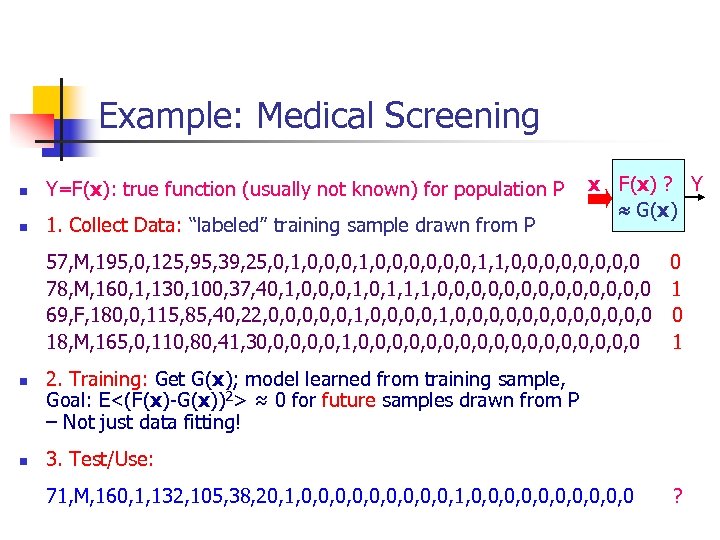 Example: Medical Screening n Y=F(x): true function (usually not known) for population P n