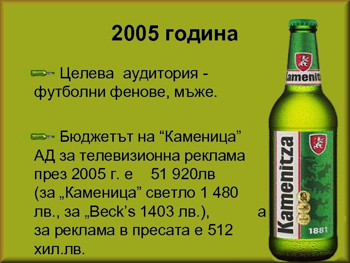 2005 година Целева аудитория - футболни фенове, мъже. Бюджетът на “Каменица” АД за телевизионна