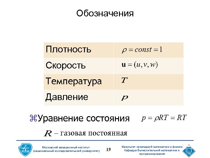 Обозначения Плотность Скорость Температура Давление z. Уравнение состояния – газовая постоянная Московский авиационный институт
