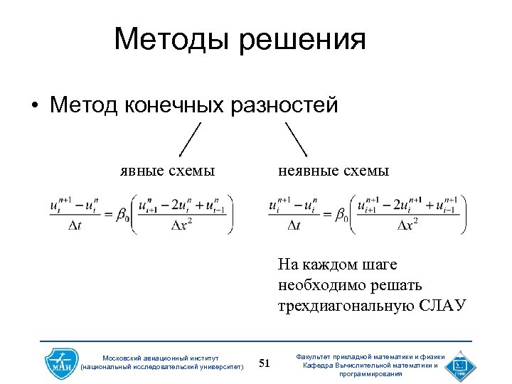Методы решения • Метод конечных разностей явные схемы неявные схемы На каждом шаге необходимо