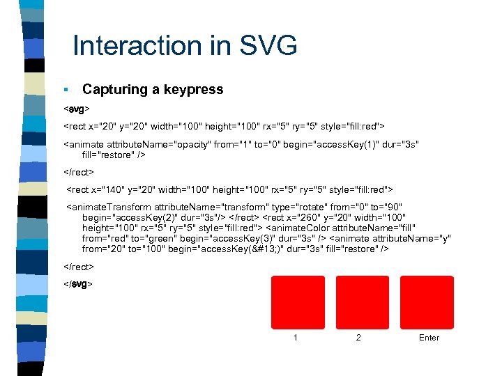 Interaction in SVG § Capturing a keypress <svg> <rect x="20" y="20" width="100" height="100" rx="5"