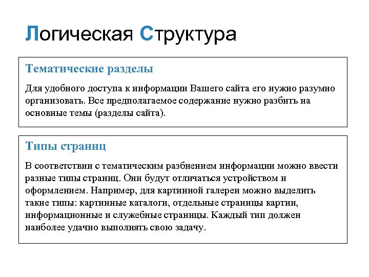 Логическая Структура Тематические разделы Для удобного доступа к информации Вашего сайта его нужно разумно