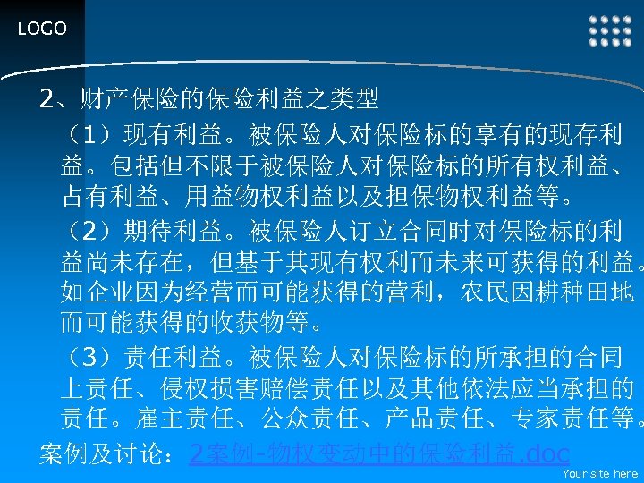 LOGO 2、财产保险的保险利益之类型 （1）现有利益。被保险人对保险标的享有的现存利 益。包括但不限于被保险人对保险标的所有权利益、 占有利益、用益物权利益以及担保物权利益等。 （2）期待利益。被保险人订立合同时对保险标的利 益尚未存在，但基于其现有权利而未来可获得的利益。 如企业因为经营而可能获得的营利，农民因耕种田地 而可能获得的收获物等。 （3）责任利益。被保险人对保险标的所承担的合同 上责任、侵权损害赔偿责任以及其他依法应当承担的 责任。雇主责任、公众责任、产品责任、专家责任等。 案例及讨论： 2案例-物权变动中的保险利益.