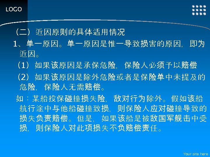 LOGO （二）近因原则的具体适用情况 1、单一原因。单一原因是惟一导致损害的原因，即为 近因。 （1）如果该原因是承保危险，保险人必须予以赔偿 （2）如果该原因是除外危险或者是保险单中未提及的 危险，保险人无需赔偿。 如：某船投保碰撞损失险，敌对行为除外。假如该船 航行途中与他船碰撞致损，则保险人应对碰撞导致的 损失负责赔偿。但是，如果该船是被敌国军舰击中受 损，则保险人对此项损失不负赔偿责任。 Your site here