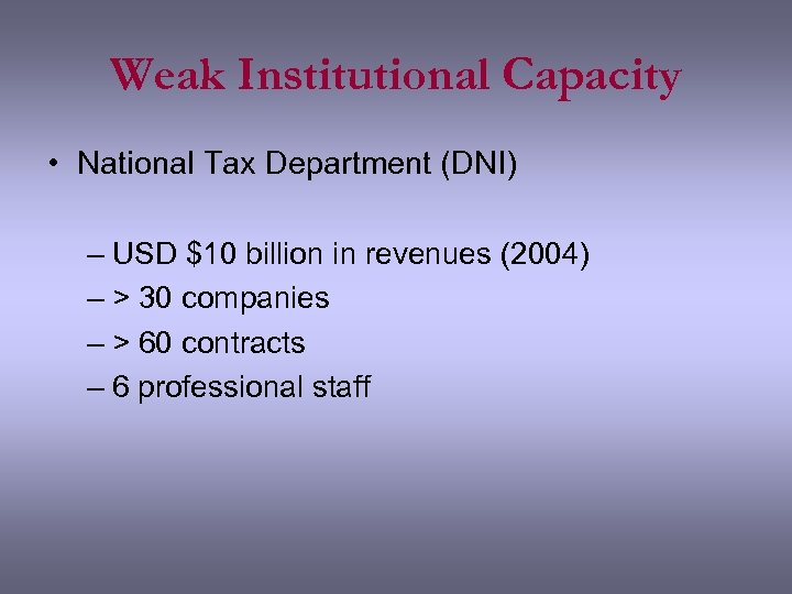 Weak Institutional Capacity • National Tax Department (DNI) – USD $10 billion in revenues