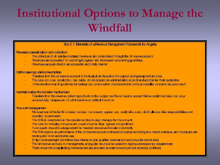 Institutional Options to Manage the Windfall 