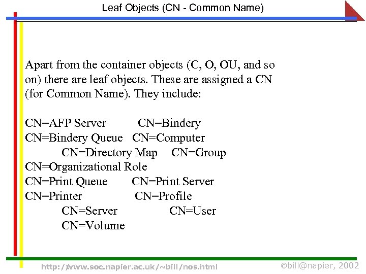 Leaf Objects (CN - Common Name) Apart from the container objects (C, O, OU,