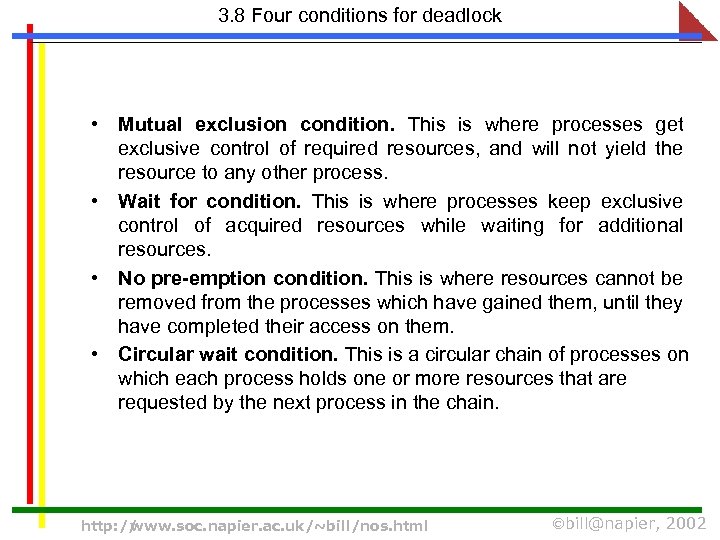 3. 8 Four conditions for deadlock • Mutual exclusion condition. This is where processes