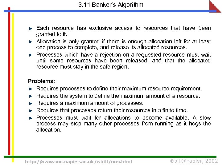 3. 11 Banker’s Algorithm Each resource has exclusive access to resources that have been