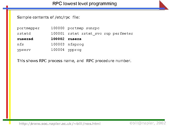 RPC lowest level programming Sample contents of /etc/rpc file: portmapper rstatd rusersd nfs ypserv