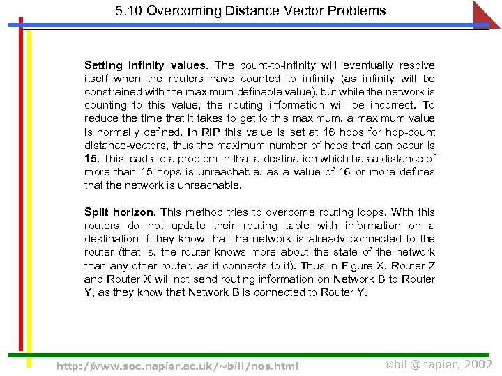 5. 10 Overcoming Distance Vector Problems Setting infinity values. The count-to-infinity will eventually resolve