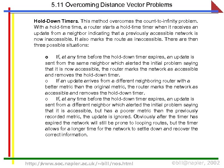5. 11 Overcoming Distance Vector Problems Hold-Down Timers. This method overcomes the count-to-infinity problem.