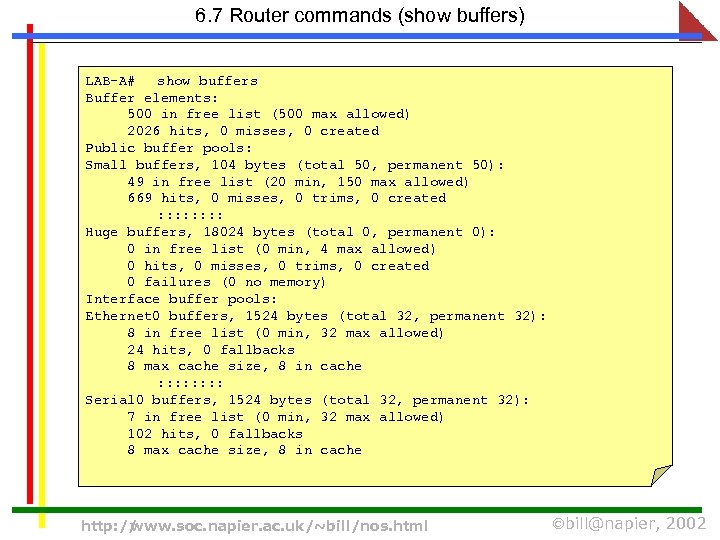 6. 7 Router commands (show buffers) LAB-A# show buffers Buffer elements: 500 in free