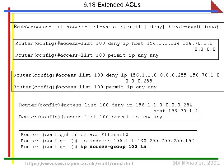 6. 18 Extended ACLs Router# access-list-value {permit | deny} {test-conditions} Router(config)#access-list 100 deny ip