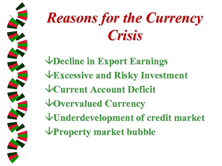 Reasons for the Currency Crisis âDecline in Export Earnings âExcessive and Risky Investment âCurrent