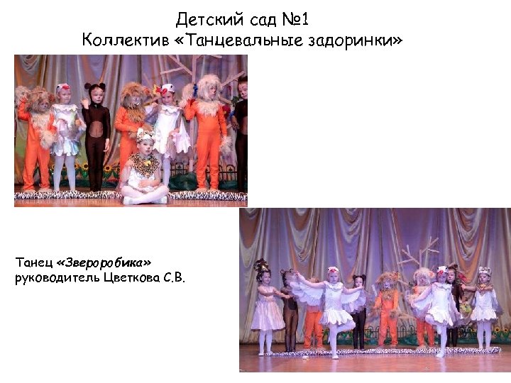 Детский сад № 1 Коллектив «Танцевальные задоринки» Танец «Звероробика» руководитель Цветкова С. В. 