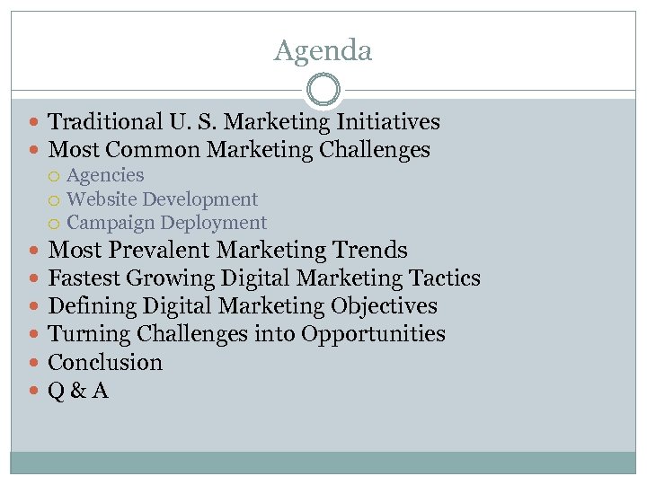 Agenda Traditional U. S. Marketing Initiatives Most Common Marketing Challenges Agencies Website Development Campaign