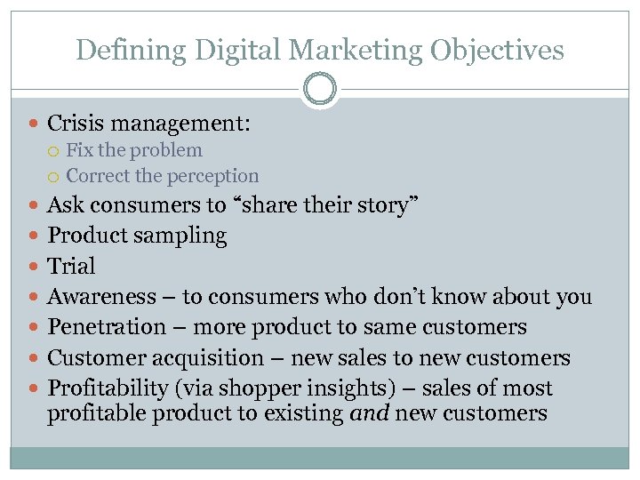 Defining Digital Marketing Objectives Crisis management: Fix the problem Correct the perception Ask consumers