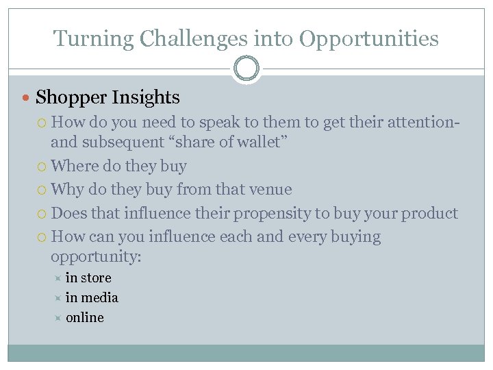 Turning Challenges into Opportunities Shopper Insights How do you need to speak to them
