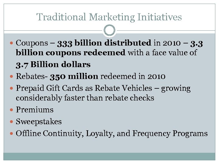 Traditional Marketing Initiatives Coupons – 333 billion distributed in 2010 – 3. 3 billion