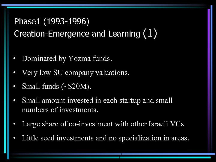 Phase 1 (1993 -1996) Creation-Emergence and Learning (1) • Dominated by Yozma funds. •