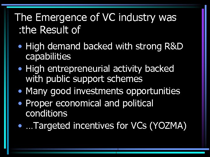 The Emergence of VC industry was : the Result of • High demand backed