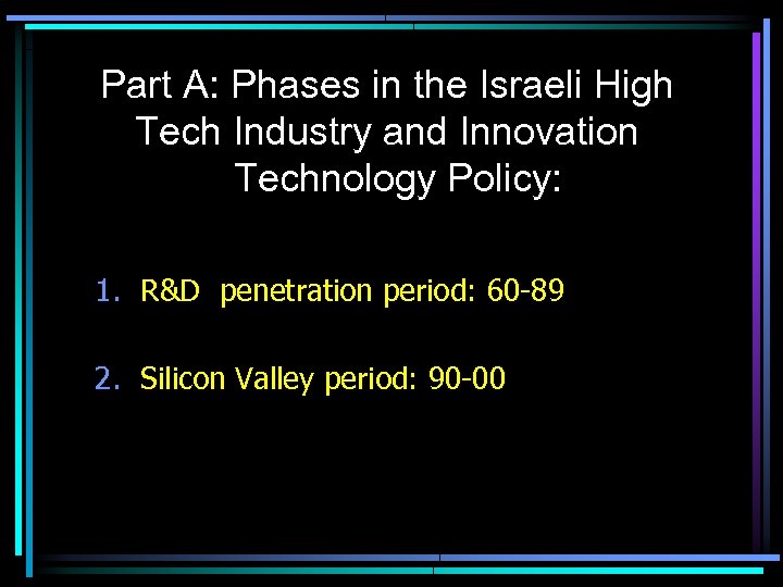 Part A: Phases in the Israeli High Tech Industry and Innovation Technology Policy: 1.